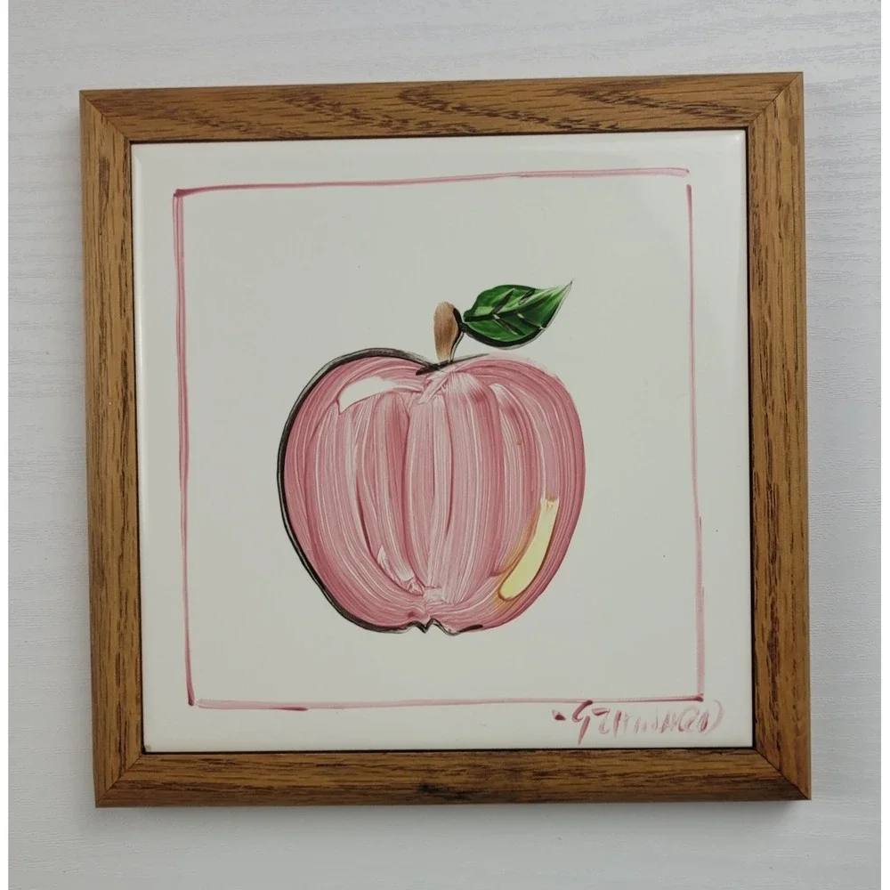 Vintage 90s Apple Tile Howard Originals 1992 Hand Painted wooden Framed wall Art